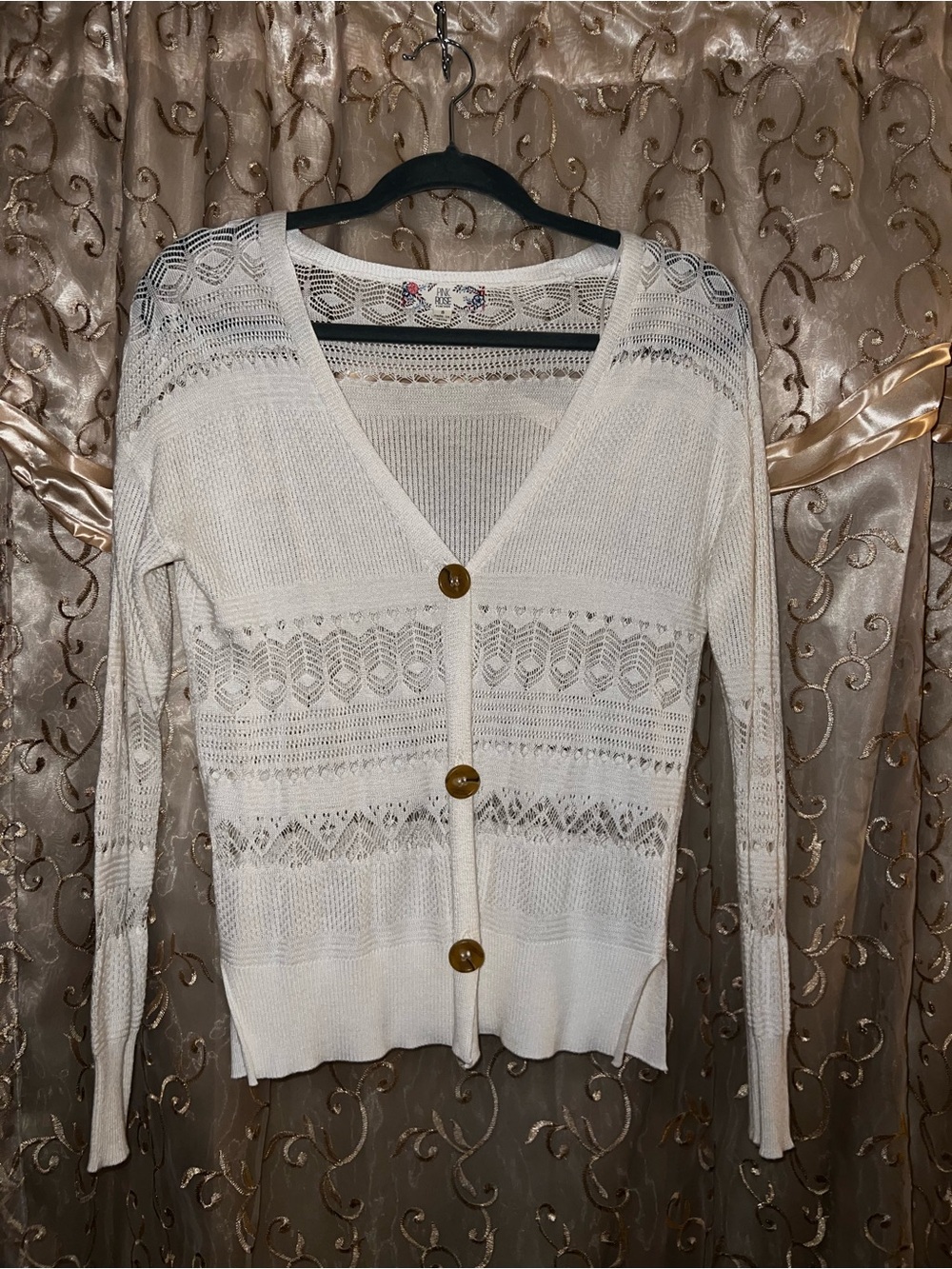 Like New Pink Rose Cream Knit Button Cardigan